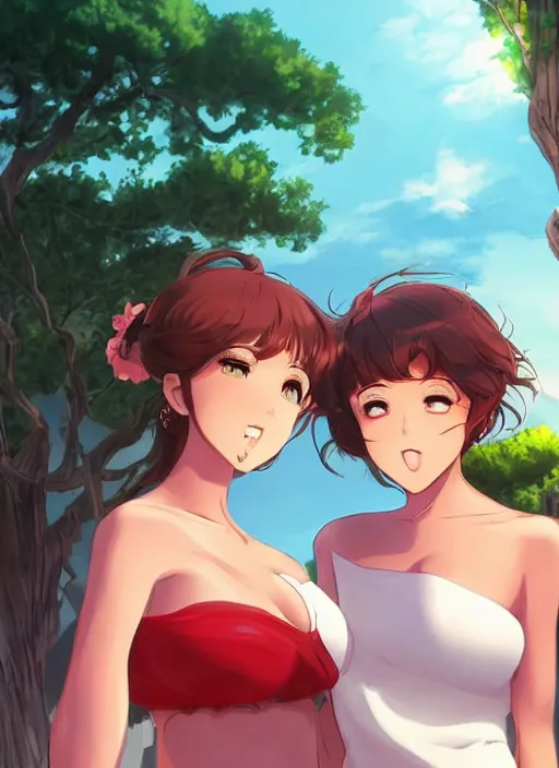 Image similar to two beautiful mothers outside on a hot summer evening, gorgeous faces, thick lines, cinematic lighting, detailed anime art