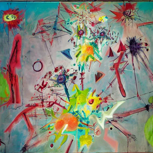 Prompt: by roberto matta, by david aja. this street art is a large canvas, covered in a wash of color. in the center is a cluster of flowers, their petals curling & twisting in on themselves. the effect is ethereal & dreamlike, & the overall effect is one of serenity & peace.