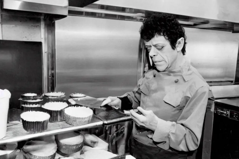 Prompt: lou reed baking pie in the empire state building