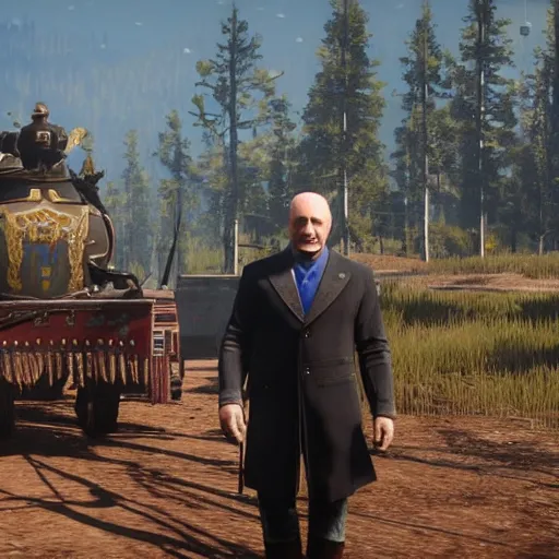 Prompt: Alexander Lukashenko with the belarussian flag in the background in Red Dead Redemption 2