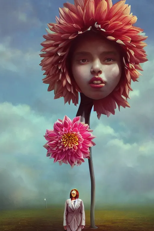 Image similar to closeup giant dahlia flower head, girl in a suit, standing in street, surreal photography, sunrise, dramatic light, impressionist painting, digital painting, artstation, simon stalenhag