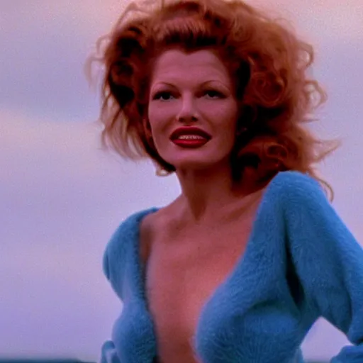 Prompt: natural 8 k shot from a 2 0 0 5 romantic comedy by sam mendes of rita hayworth with natural face, freckles, natural skin, beauty spots and very small lips. she stands and looks on the horizon with lot of winds moving her hair. fuzzy blue sky in the background. small details, natural lighting, 2 4 mm lenses, sharp focus