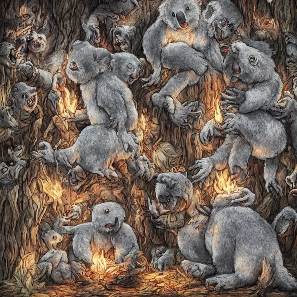 Prompt: some believers are holding a mysterious ceremony to summon a koala demon from hell, highly detailed, photorealistic