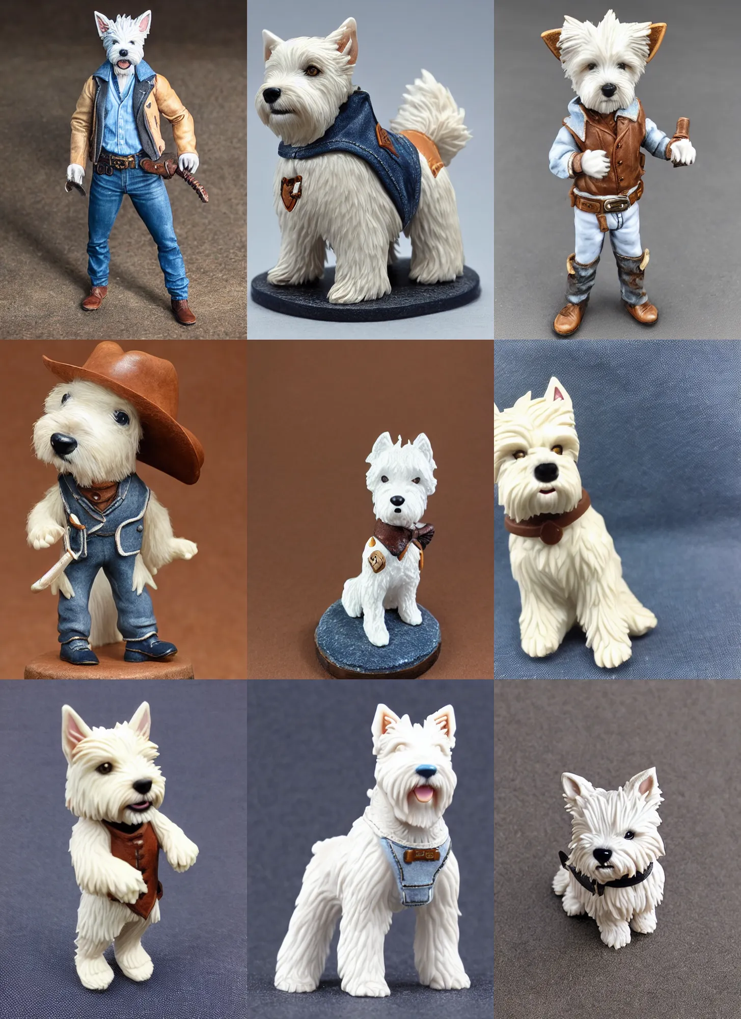 Prompt: 80mm resin detailed miniature of an anthropomorphic west highland white terrier-cowboy, Short brown leather jacket, denim short pants, ten-gallon hat; Product Introduction Photos, 4K, Full body