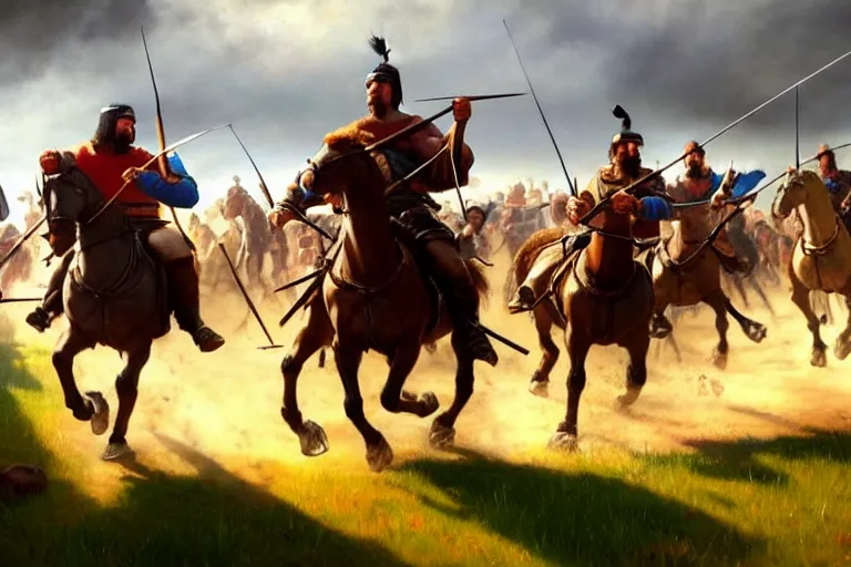 Image similar to ( ( a beautiful 8 k photorealistic masterpiece oil painting ) ( of ( man running for his life in the age of empires 2 game ) ( knights and archers try to kill him ) ) ( hyperrealism ) ( 1 6 k ) ( trending on artstation )