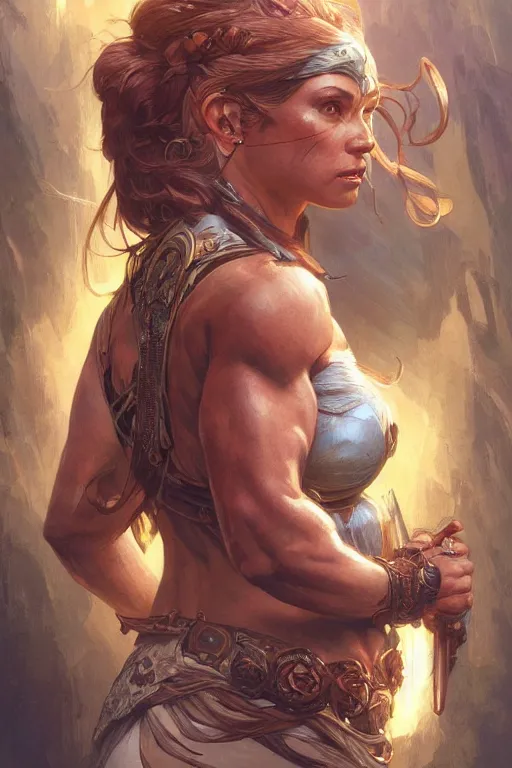 Image similar to portrait of an amazon, muscular, upper body, D&D, fantasy, intricate, cinematic lighting, highly detailed, digital painting, artstation, concept art, smooth, sharp focus, illustration, art by Artgerm and Greg Rutkowski and Alphonse Mucha