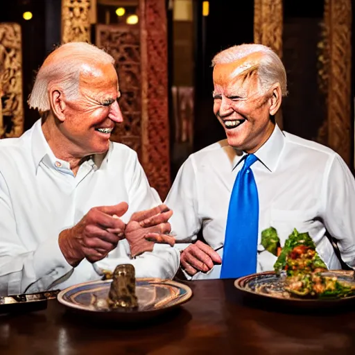 Image similar to Trump and Biden having dinner at a fancy Balinese restaurant, award winning photography, 85mm, perfect faces