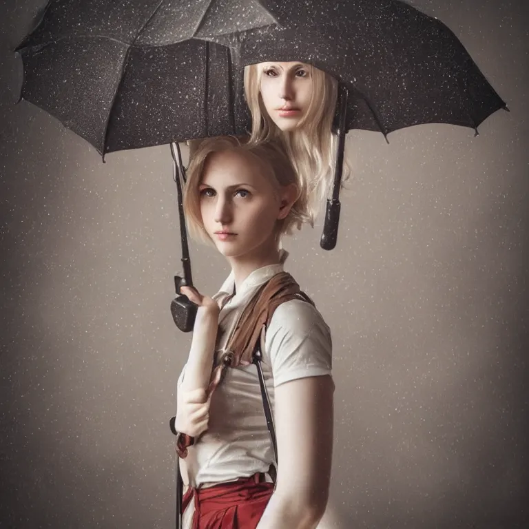 Image similar to cute annie leonhart with an umbrella wallpaper, beautiful face, pale skin, rule of thirds, cinematic lighting, rainy weather, melancholy atmosphere, sharp focus, backlit, model agency, instagram photo, shot on iphone 1 3 pro max, hyper realistic,
