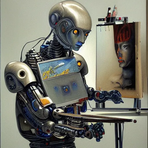 Image similar to robot artist artist painting a self portrait, by john howe