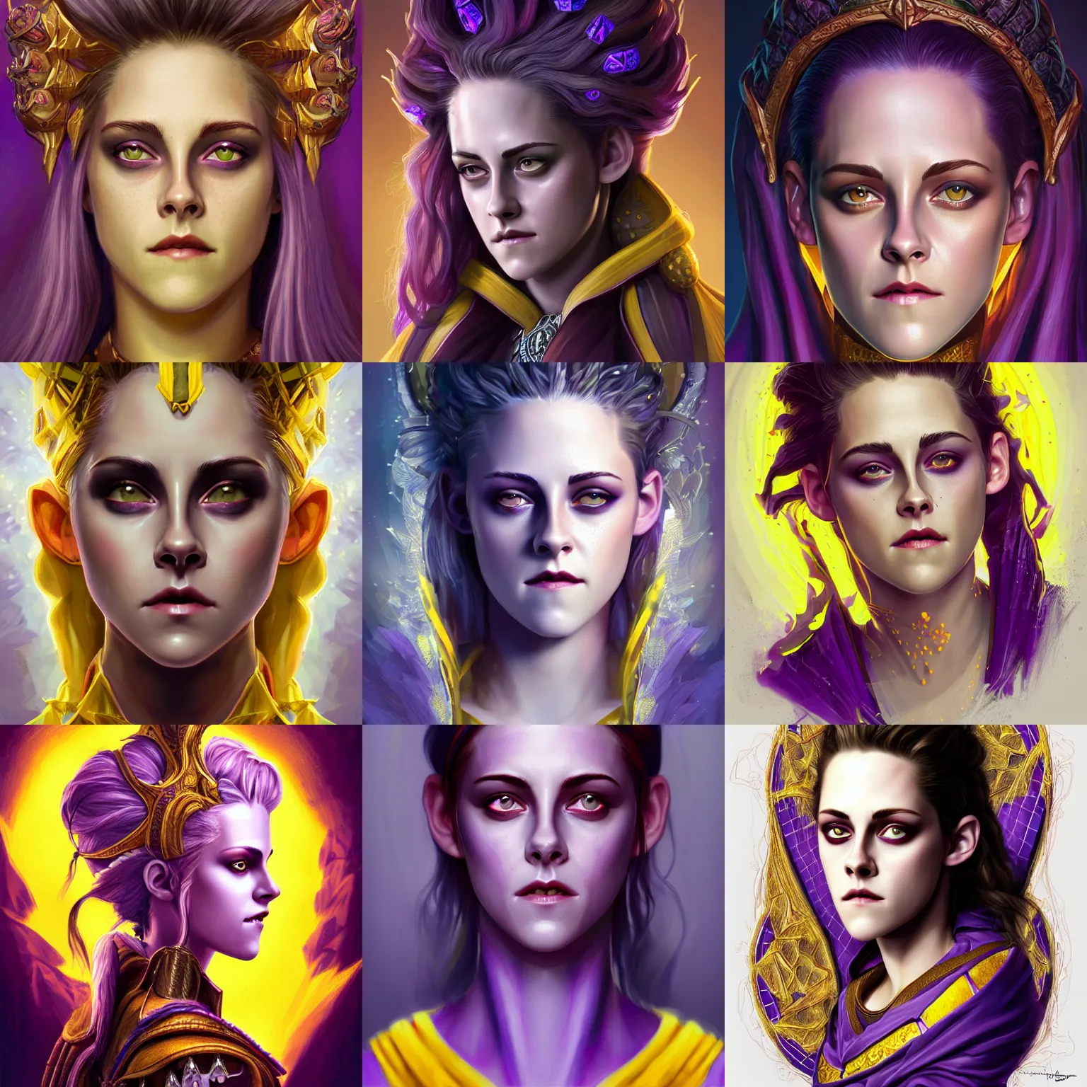 Prompt: head-on centered symmetrical painted portrait, Purple-skinned Kristen Stewart as a D&D wizard, intricate yellow fantasy robes, fantasy, intricate, elegant, highly detailed, digital painting, smooth, sharp focus, illustration, dramatic lighting, artstation, in the style of Artgerm and Anna Podedworna and Alex Ross