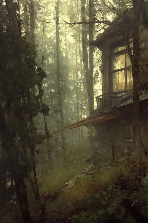 Prompt: beautiful painting by jeremy mann, cabin in a forest hill, absurdly beautiful, elegant, ultrafine hyperrealistic detailed illustration by wlop and artgerm and greg rutkowski, alphonse mucha, frank franzetta, craig mullins, intricate linework, sharp focus, smooth, octopath traveler, final fantasy, unreal engine, dramatic lighting, ethereal, 8 k