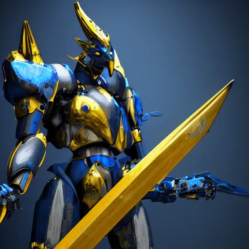 Prompt: dark blue anthro mecha dragon holding a yellow sword, photorealistic, 4k, artstation, 8k wallpaper, unreal engine 5, ue5