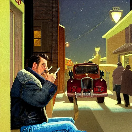 Image similar to a man in a shearling denim jacket smokes a cigarette outside a lonely colorado bar, art by angus mcbride, hd, night scene, composition inspired by gregory crewdson.