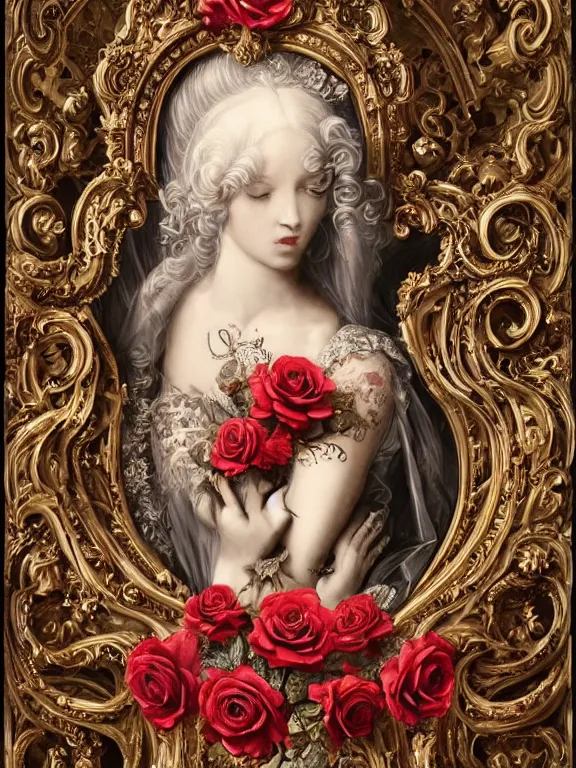 Image similar to a beautiful render of a recatholic rococo roses veiled red queen with baroque symmetry intricate detailed ,heart,pray,love,crystal-embellished,by Daveed Benito,LEdmund Leighton,Virginie Ropars,aaron horkey,Billelis,trending on pinterest,maximalist,glittering,golden ratio,cinematic lighting