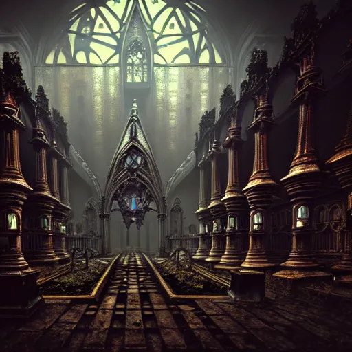 Image similar to steam necropolis, memento mori, gothic, neo - gothic, art nouveau, hyperdetailed copper patina medieval icon, stefan morrell, philippe druillet, ralph mcquarrie, concept art, steampunk, unreal engine, detailed intricate environment, octane render, moody atmospherics, volumetric lighting, ultrasharp, ominous, otherworldly