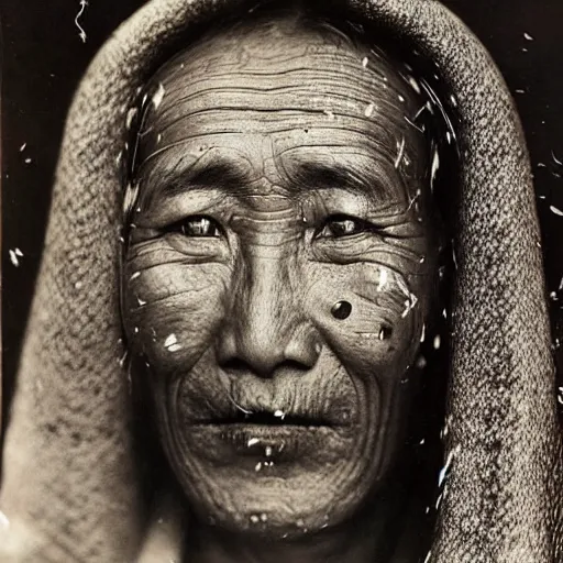 Prompt: very precise and detailed ultra realistic vintage photo portrait of a tibetan man with hive cells hole all over the face, by Annie Leibovitz