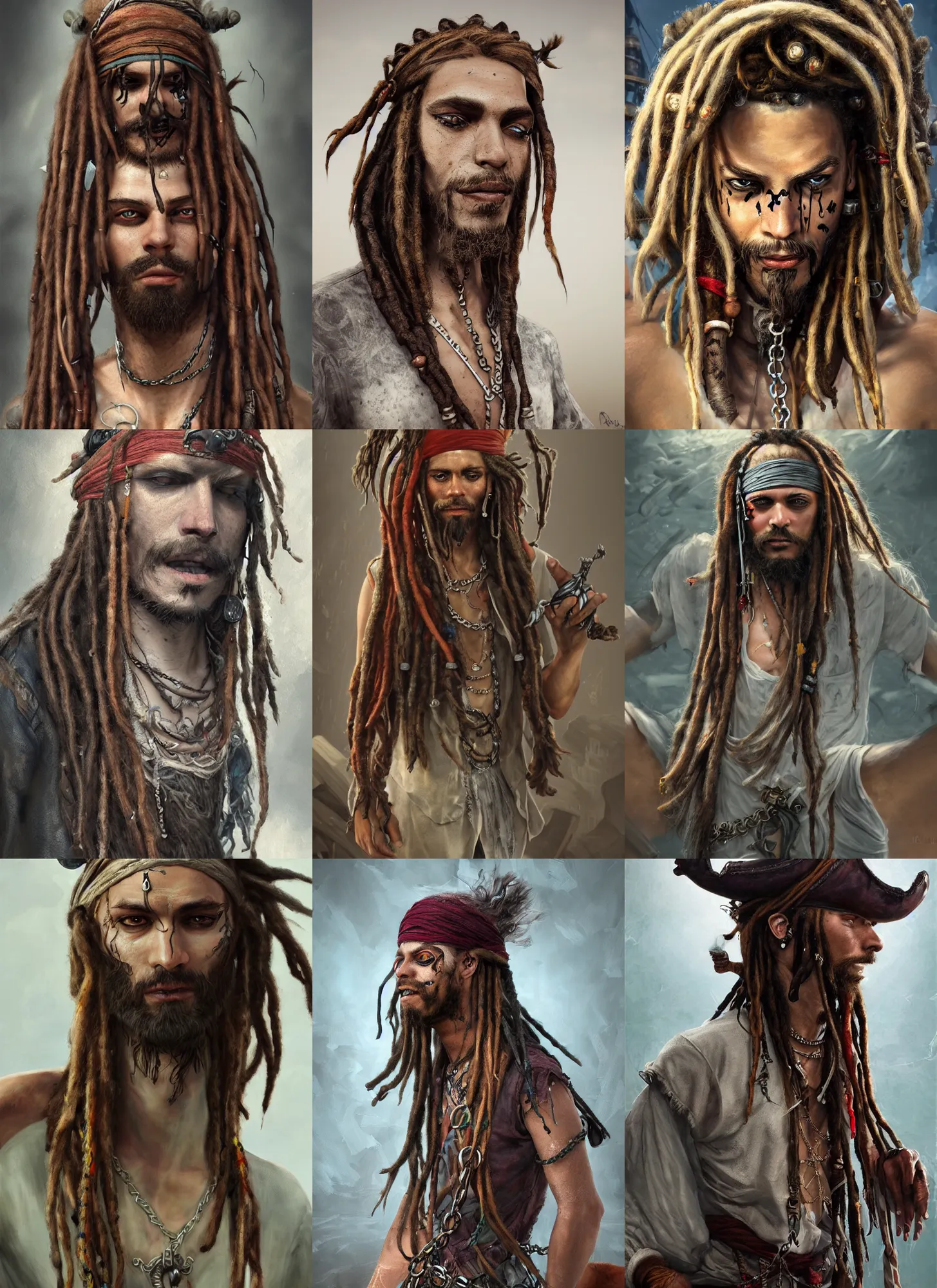 Prompt: Dreadlock Pirate with ragged clothes fantasy, intricate, elegant, highly detailed, digital painting, artstation, concept art, addiction, chains, smooth, sharp focus, illustration, art by Ilja Repin, octane render, RPG_portrait