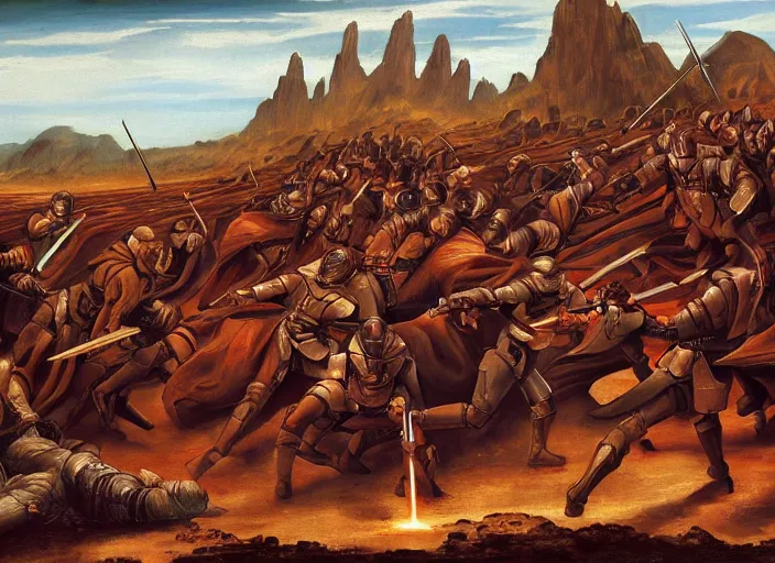 Image similar to medieval oil painting depicting the jedi knights fight on geonosis in attack of the clones, realistic, sharp, uhd