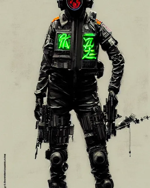 Image similar to detailed neon female swat officer flying a fighter jet, cyberpunk futuristic, neon, gas mask, reflective puffy coat, decorated with traditional japanese by ismail inceoglu dragan bibin hans thoma greg rutkowski alexandros pyromallis nekro rene margitte, fire & smoke, illustrated, perfect face, fine details, realistic shaded, fine - face, pretty face