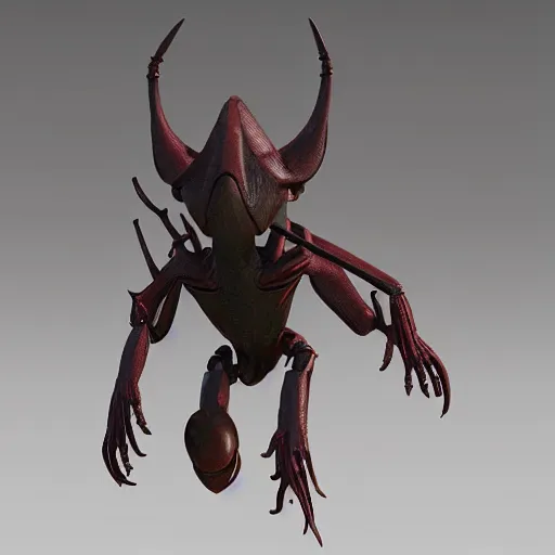 Prompt: “a red skinned beetle faced humanoid alien bounty hunter. 3D character concept art. Blender cycles”