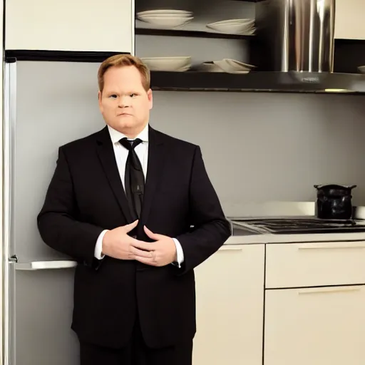 Image similar to Andy Richter is wearing a black suit and necktie and standing in a kitchen in front of an open refrigerator. There is a bright white light coming from inside the refrigerator. Andy is using his hand to shield his eyes.