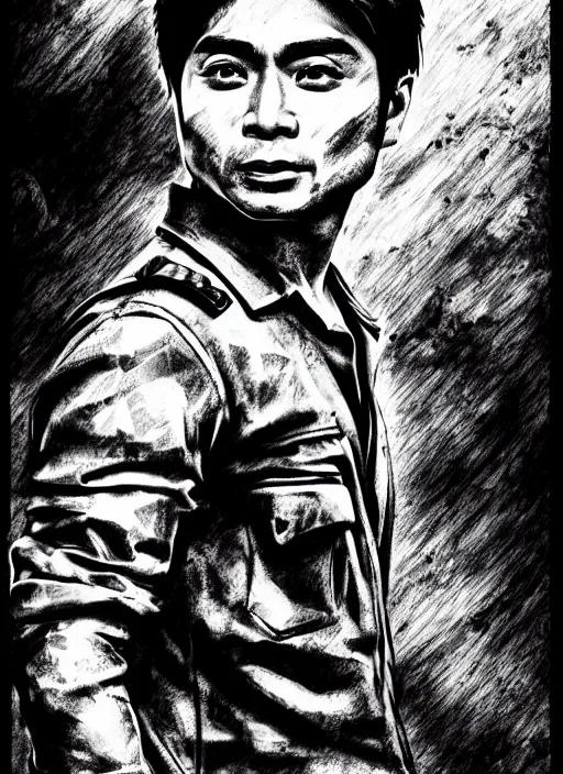 Image similar to coco martin as cardo dalisay from ang probinsyano in a poster shot, in the style of yoji shinkawa, ink on paper, gritty, dark hues