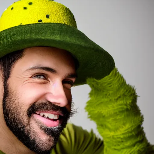 Image similar to A photo of smiling man with green skin in yellow hat