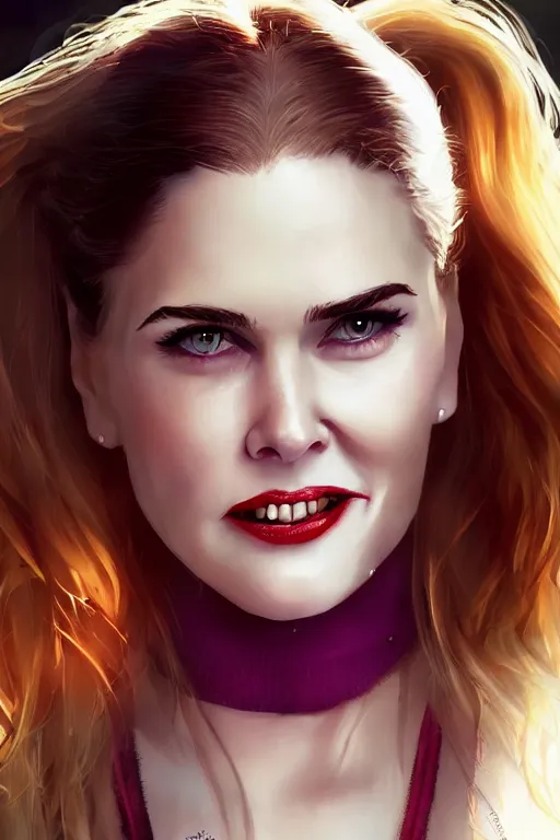 Image similar to mix of beautiful young maria shriver, mariel hemmingway, brooke shields, nicole kidman and elle macpherson as a vampire showing vampire teeth, ready to bite, thin lips, hair tied up in a pony tail, dark blonde hair, colorful, artstation, cgsociety