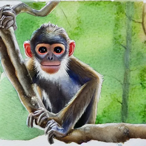 Prompt: A realistic watercolour painting of a spider monkey in a tree, fine detail, washed out background