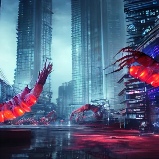 Image similar to a giant terrifying cyber shrimp destroying a dystopian city, cyberpunk, dystopian, god, evil, villain, sharp focus, dynamic lights, still, photograph, hyper realistic, masterpiece, octane render, rendered, 3 d, cinematic, cinematic lighting, dramatic lighting, highly detailed, intricate details, texture, cinematic composition, by donglu yu and kevin jick and eddie del rio