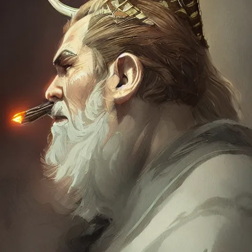 Image similar to a beautiful artwork side profile portrait of a odin with horns by greg rutkowski , featured on artstation, norse mythology, valhalla