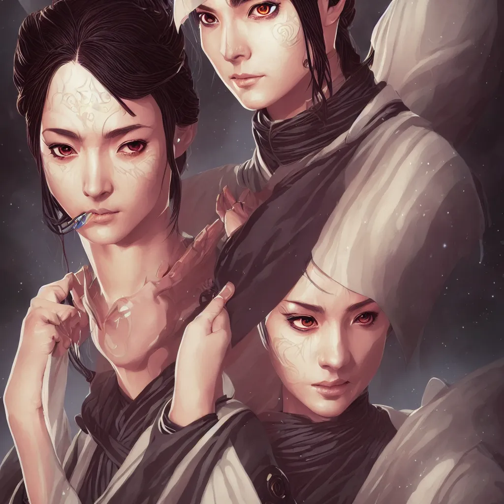 Image similar to one female jedi master, wearing the traditional jedi robe, beautiful and uniquely odd looking, detailed symmetrical close up portrait, intricate complexity, in the style of artgerm and ilya kuvshinov, magic the gathering, star wars art