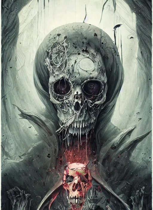 Image similar to White Rabbit Death Tarot card,highly detailed,half skull face,cinematic,8k,by Stanley Artgermm,Tom Bagshaw,Greg Rutkowski,Carne Griffiths, Ayami Kojima, Beksinski, Giger,trending on DeviantArt,hyper detailed,horror, full of colour