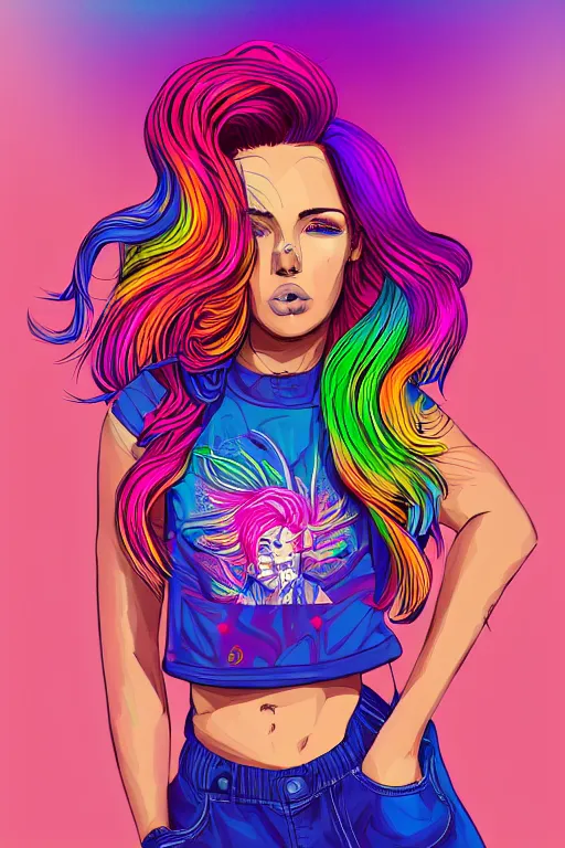 Image similar to a award winning half body portrait of a beautiful woman with stunning eyes in a printed croptop and cargo pants with rainbow colored ombre hairstyle head in motion and hair flying by josan gonzales, outrun, vaporware, shaded flat illustration, digital art, trending on artstation, highly detailed, fine detail, intricate