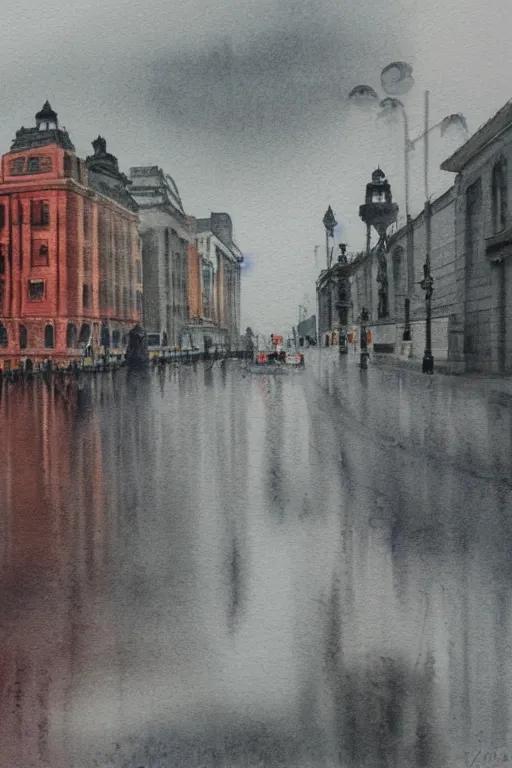 Prompt: A watercolor about the Bund in modern Shanghai, wet street, cloudy, gloomy, poignant, high contrast, smooth, by Joseph Zbikowicz, 8k