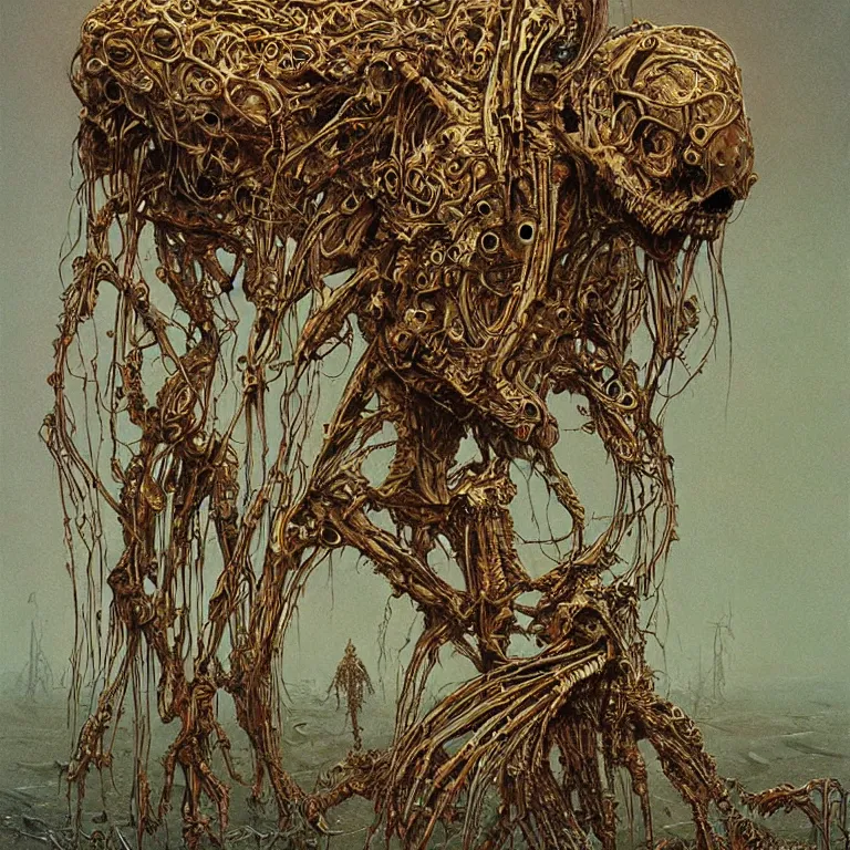 Image similar to organic cyborg alien skeleton alien centipede planet face style of peter gric Lovecraftian zdzislaw beksinski surrealism poster art