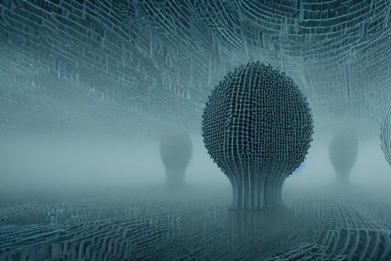 Prompt: a complex organic fractal 3 d ceramic symbiotic humanoid megastructure, cinematic shot, foggy, photo still from movie by denis villeneuve