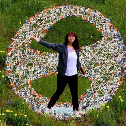 Prompt: A land art. A rip in spacetime. Did this device in her hand open a portal to another dimension or reality?! by Jacob Hashimoto somber