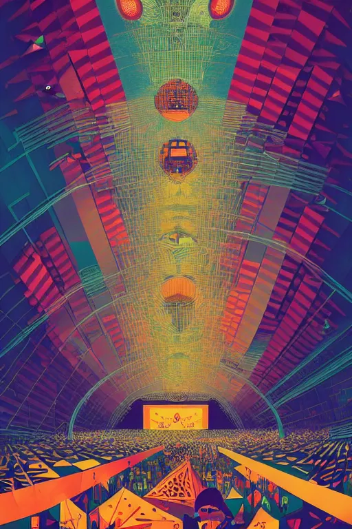 Image similar to giant concert festival truss with professional loud speakers, wall of sound, music recording studio, poster art by victo ngai, ori toor, kilian eng behance contest winner, crystal cubism, poster art, cubism, tarot card, psychedelic art, concert poster, poster art, maximalist