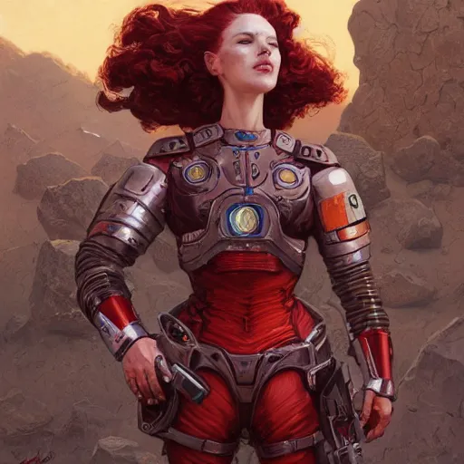 Image similar to a portrait of an woman with red short hair wearing a whiteblouse and robot armor commanding an army on a dead world full of rocks, highly detailed, centered, digital painting, artstation, concept art, donato giancola, Joseph Christian Leyendecker, WLOP, Boris Vallejo, Breathtaking