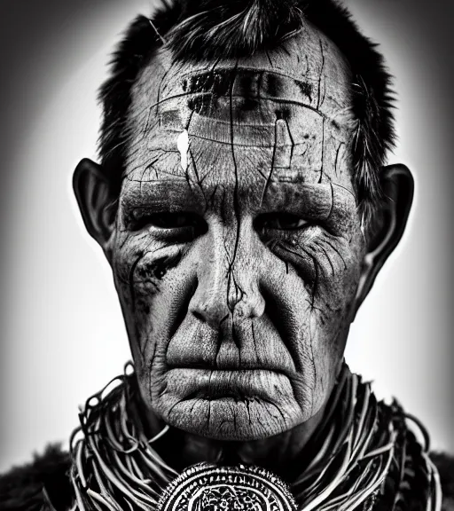 Prompt: portrait of a australian warrior wearing animal skins and a scary necklace, angry look, dark background, studio light, hdr, nikon 2 4 mm f / 1. 8 g, by sebastiao salgado