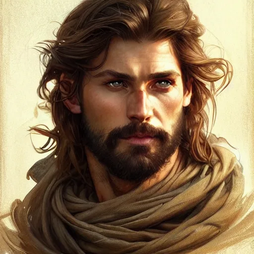 Image similar to Portrait of rugged male ranger, D&D, amber eyes, face, long hair, muscular, fantasy, intricate, elegant, highly detailed, digital painting, artstation, concept art, smooth, sharp focus, illustration, art by artgerm and greg rutkowski and alphonse mucha