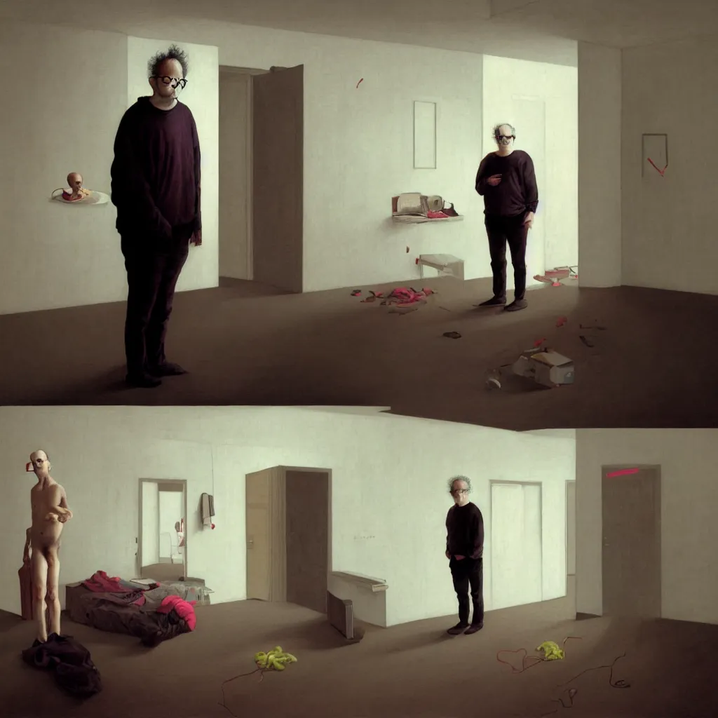 Image similar to weird and disturbing portrait of todd solondz standing alone in an empty appartment, vivid colors, neon, art by gregory crewdson and francis bacon and artgerm and wlop and william - adolphe bouguereau