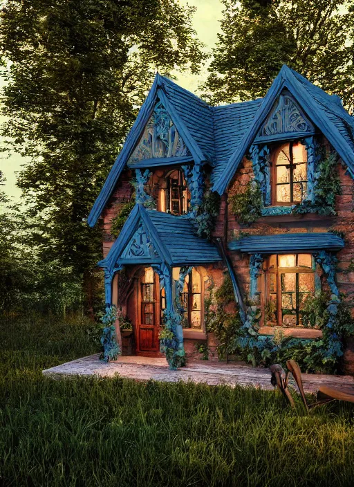 Image similar to hyper realistic homely ornate witch cottage architectural, in the woods gorgeous lighting, blue sky, highly detailed, lush forest architectural render, octane render, ue 5 raytraced