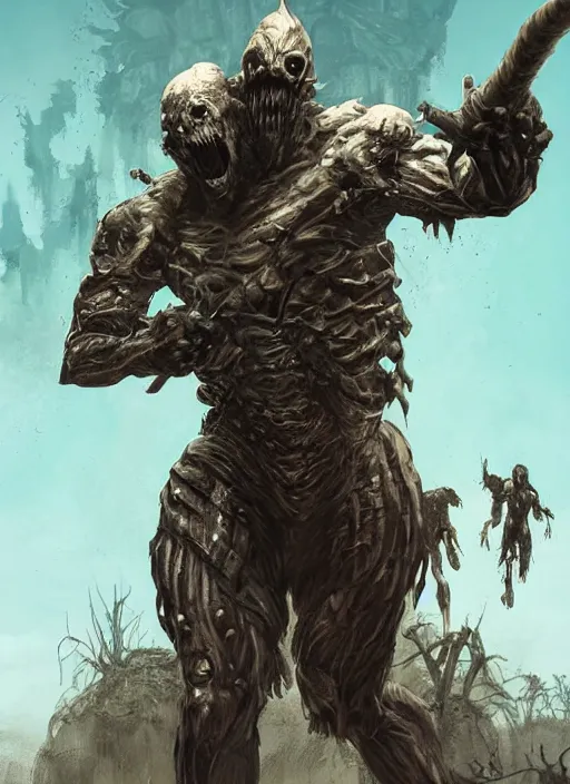 Image similar to poster!! scary new enemy for 7 days to die, monster concept art, action pose, illustration, full body armor, steel plating, huge weapon, super powers, athletic, symmetry, intricate design, shiny, highly detailed, hd, dramatic lighting, wide angle view, art by artgerm and greg rutkowski