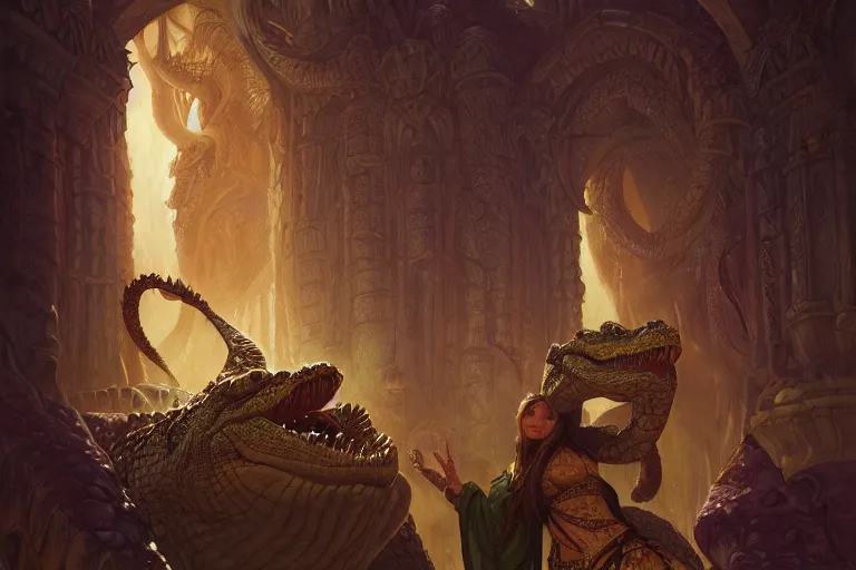 Image similar to crocodile lair priestess ceremony, deep focus, d & d, fantasy, intricate, elegant, highly detailed, digital painting, artstation, concept art, matte, sharp focus, illustration, hearthstone, art by artgerm and greg rutkowski and alphonse mucha