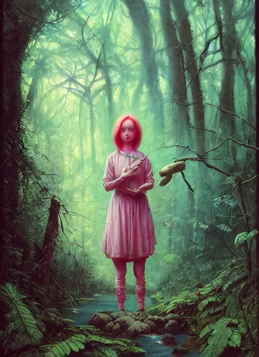 Image similar to bubblegum in the woods by a stream, river gorgeous lighting, lush forest foliage blue sky a hyper realistic painting by chiara bautista and beksinski and norman rockwell and greg rutkowski, tom bagshaw weta studio, and lucasfilm