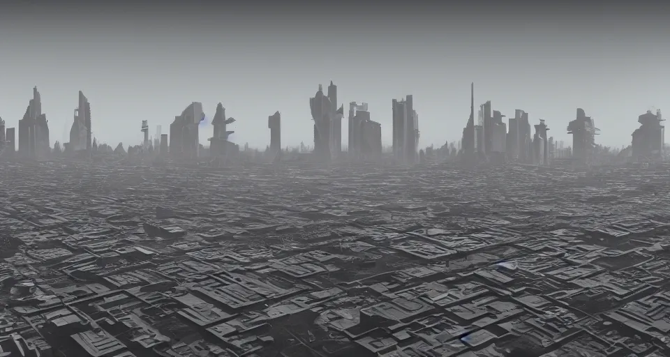 Image similar to view on future brutalistic megapolis in the horizon, in style of brutalism, detailed, sharp, 8 k