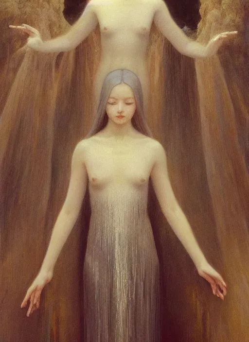 Image similar to thin young beautiful girl with silver hair, pale!, wearing white robes!, wearing hair, golden goddess, young cute wan korean face, silver hair!!, oil on canvas, style of jean delville, 4 k resolution, aesthetic!,