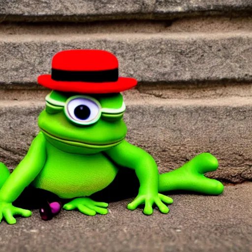 Image similar to baby pepe the frog, larg eyes, sitting on a log, wearing a bowler hat, pixar, disney, dynamic lighting, bokeh